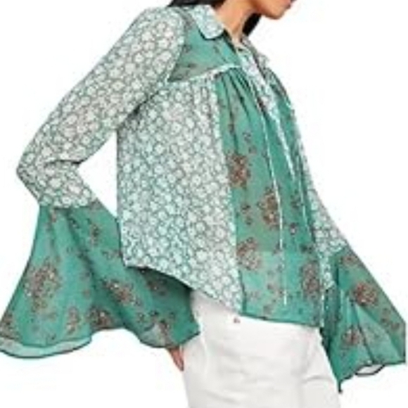 Free People Serena Floral Button Up Blouse Shirt Top Emerald Combo L Boho Hippie - Picture 8 of 8